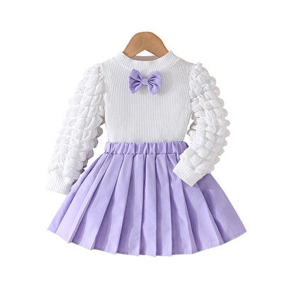 3 Colors Fashion Kids Girls Fall Clothes Sets 3-8Y Long Puff Sleeve Bow Front Tops + Pleated Skirt 2PCS