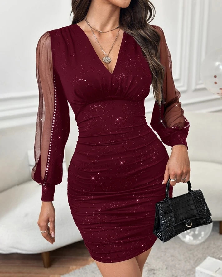 Summer Sexy Plunge Sheer Mesh Patch Glitter Bodycon Mini Dress