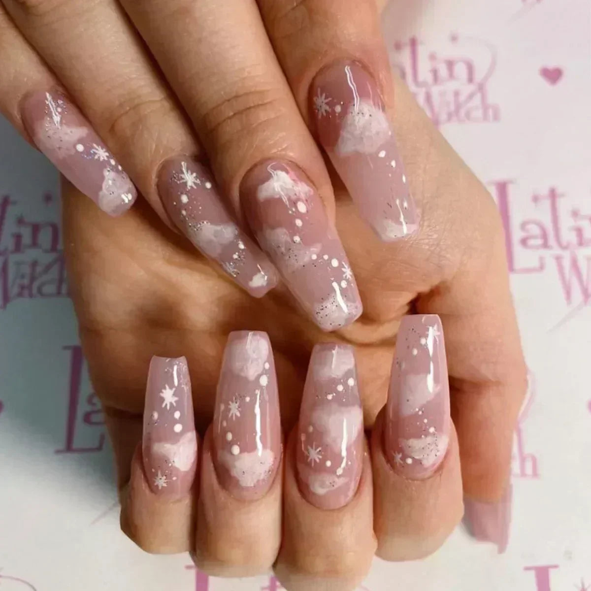 24Pcs Long Ballet False Nails Pink Butterfly with Rhinestones French Design Wearable Fake Nails Glitter Press on Nails Tips Art