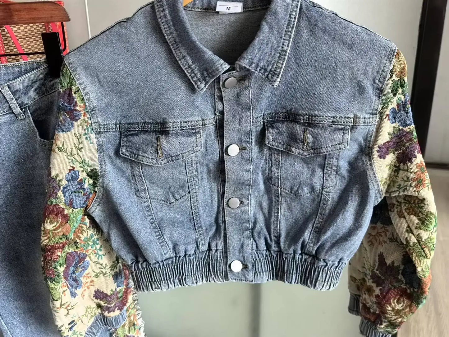 Denim Floral Patchwork Full Sleeve Button Fly Jacket and Ripped Jeans