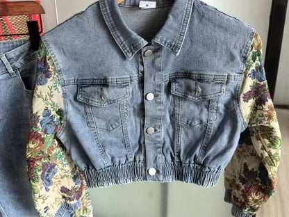 Denim Floral Patchwork Full Sleeve Button Fly Jacket and Ripped Jeans