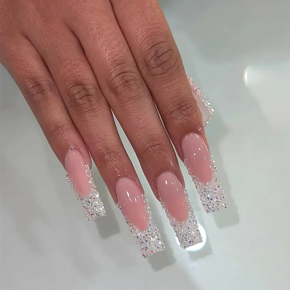 24Pcs White French False Nails Long Ballet Fake Nail with Pearl Bow Flower Design Press on Nails Pink Wearable Square Nails Set