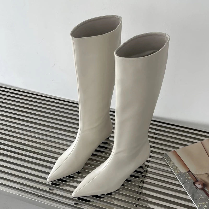 High Quality Soft Leather Pointed Toe Knee-High Boots Woman Cosy Slip-On Low Heels