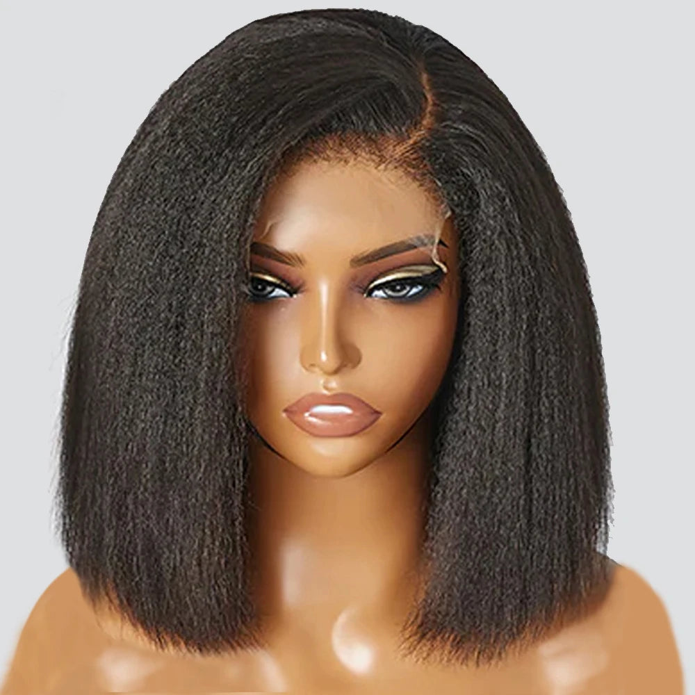 Glueless Kinky Straight 13x4 Lace Front Wig Short Bob Human Hair PrePlucked Wig
