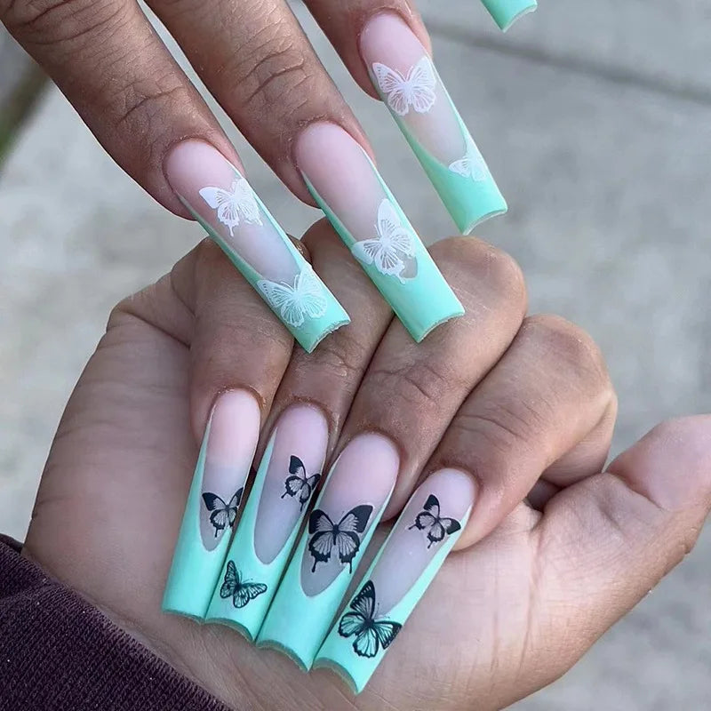 24Ps Super Long Ballet Wearable Fake Nails Blue Diamond Small Flower Press on Nail Stickers Finished Removable False Nail Pieces