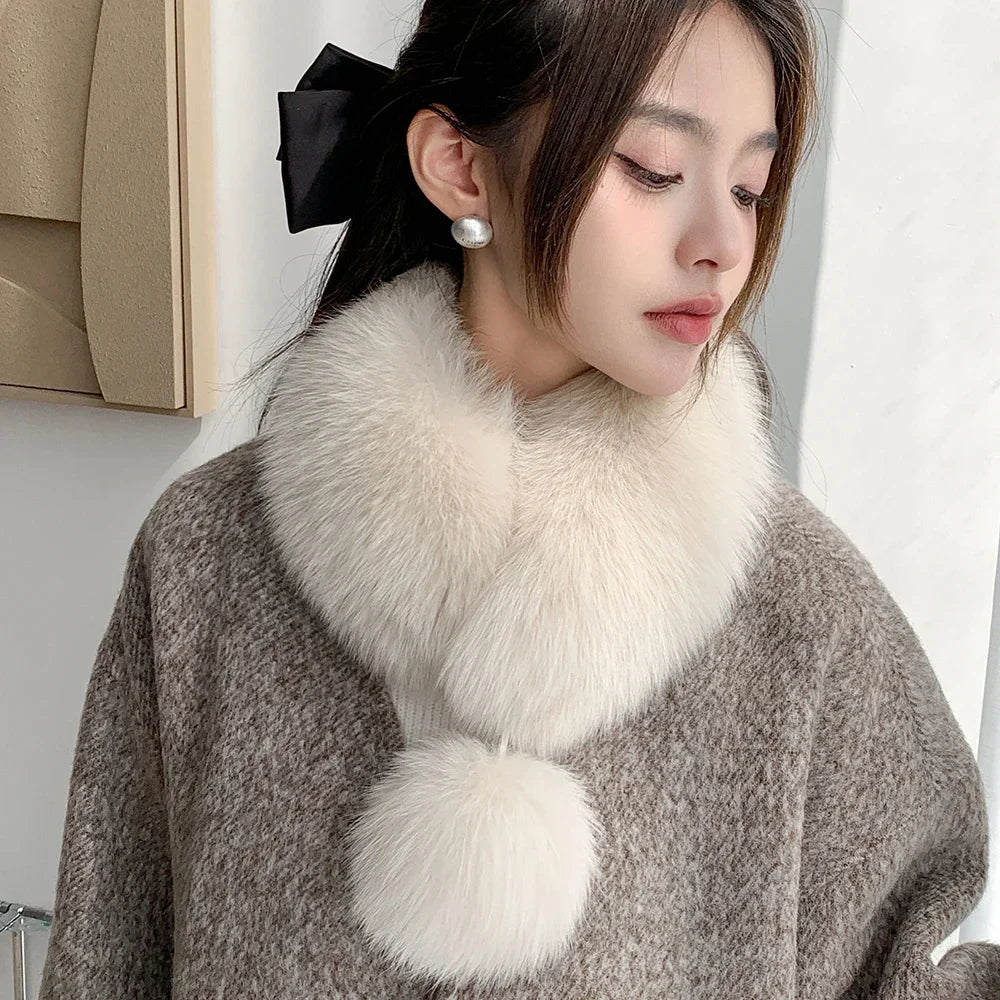 Winter New Imitating Fox Fur Scarf with Pom Pom Fashion Warm Genuine Fur Scarves Thick Warm