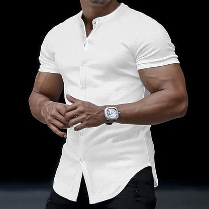 2025 Fashion Men's Stand Collar Short-sleeved Shirts Summer Solid Slim Casual Cardigan Versatile T-shirts Social Blouses for Men