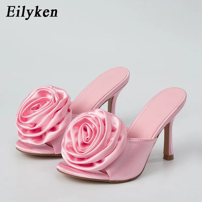 New Style Satin Flowers Women Slippers 2025 Design Mules Slides Shoes Ladies Stiletto High Heels Sandals