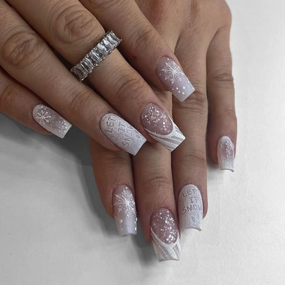 24Pcs Simple Gradient Fake Nail with Silver Sequin Design Short Square Head False Nails Wearable French Full Cover Press on Nail