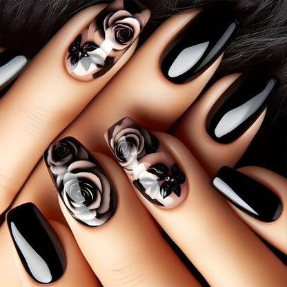24pcs/set short square Glossy Medium Ballerina Fake Nails jellyfish blue sea wave flowers geometric design press on false nail