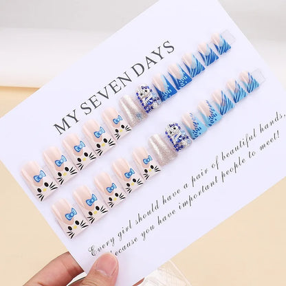 Y2K duck Press on Nails 24pcs Hellokitty Design Blue Rhinestone Decor Acrylic French Tips
