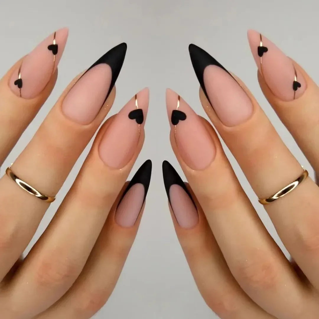 24Pcs Mid-length False Nails with Almond Head Design Brown Gold Lines Fake Nails Oval Wearable French Press on Nail Tips