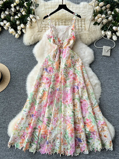 SINGREINY Floral Print Strap Dress Women French Style Hollow Out Zipper Design Ladies Summer Mesh Elegant Vacation Maxi Dress