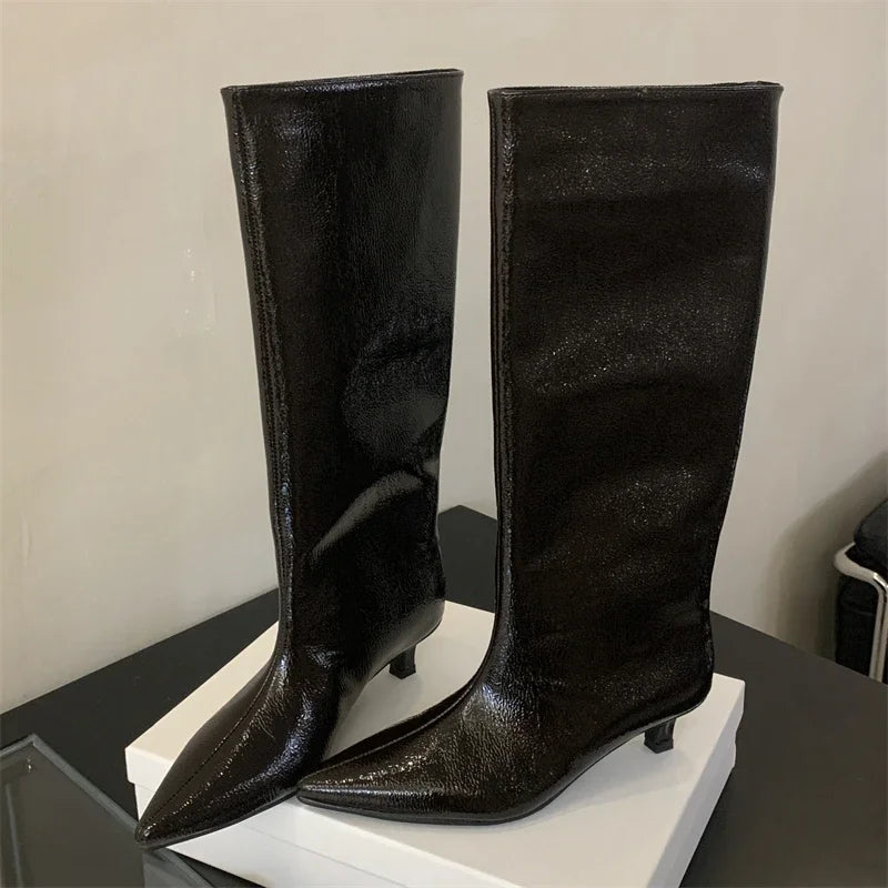 Eilyken Sexy Winter Pointed Toe Women Knee-High Long Boots Street Style Slip-On Thin Low Heels Wedding Banquet Shoes