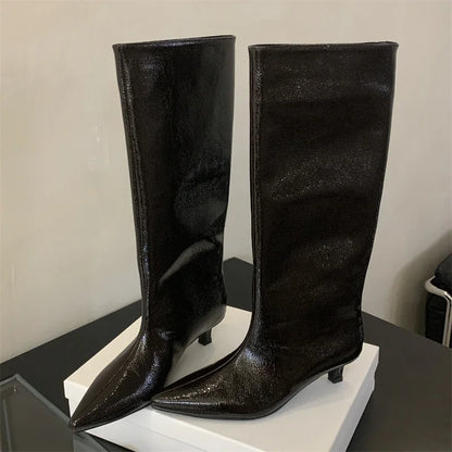 Eilyken Sexy Winter Pointed Toe Women Knee-High Long Boots Street Style Slip-On Thin Low Heels Wedding Banquet Shoes