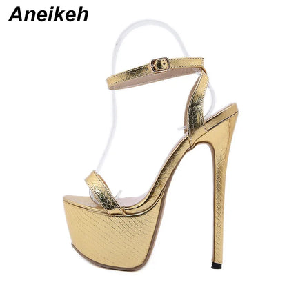 Aneikeh NEW Sexy Sandals Women Bling Golden PU Peep Toe Stripper High Heel Sandals
