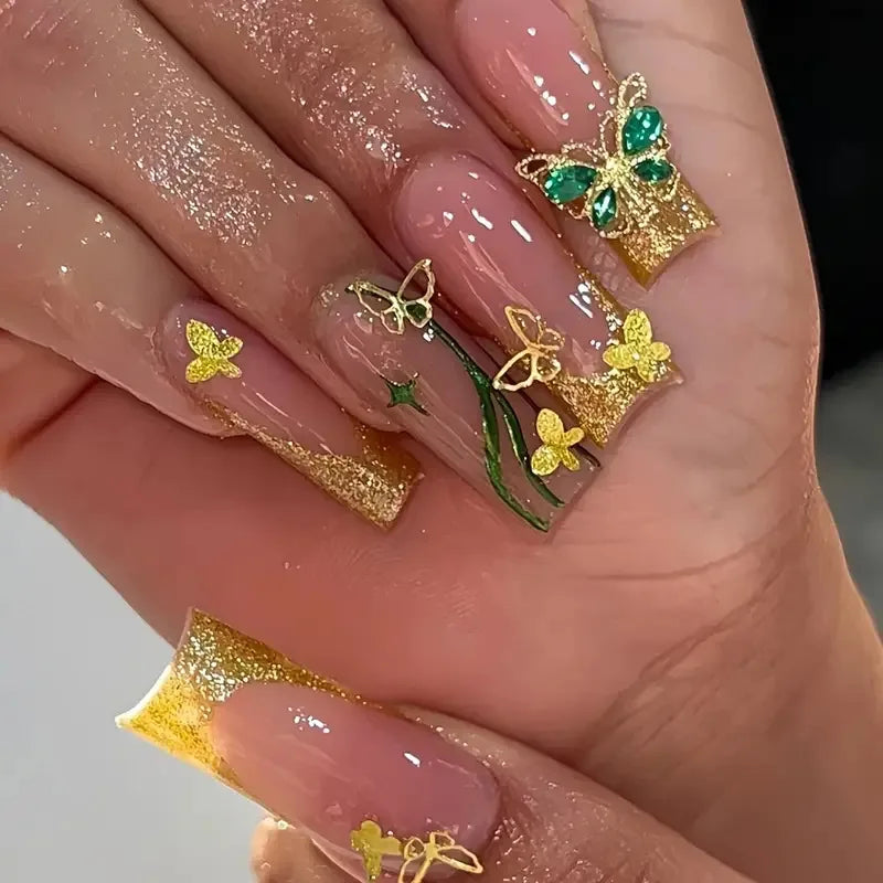 24Pcs Green French Fake Nails with Diamond Gold Butterfly False Nails Elegant Acrylic Artificial Nails Wearable Long Square Nail