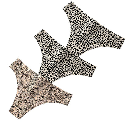 Giczi 3PCS/Set Women's Panties Fashion Leopard Bikini Sexy Thongs Seamless Underwear Silk Satin Lingerie Sport Fitness G-Strings