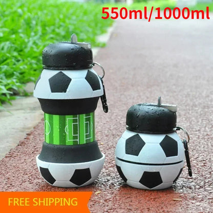 1 Liter Foldable Football Kids Water Bottles Portable Sports Water Bottle Football Soccer Ball Shaped Water Bottl Silicone Cup
