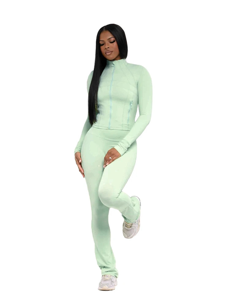Women Clothes Two Piece Flared Pants Tracksuits Set