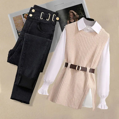 Large Autumn and Winter Suit for Women Vest Shirt Casual Slim Jeans Three Piece Set