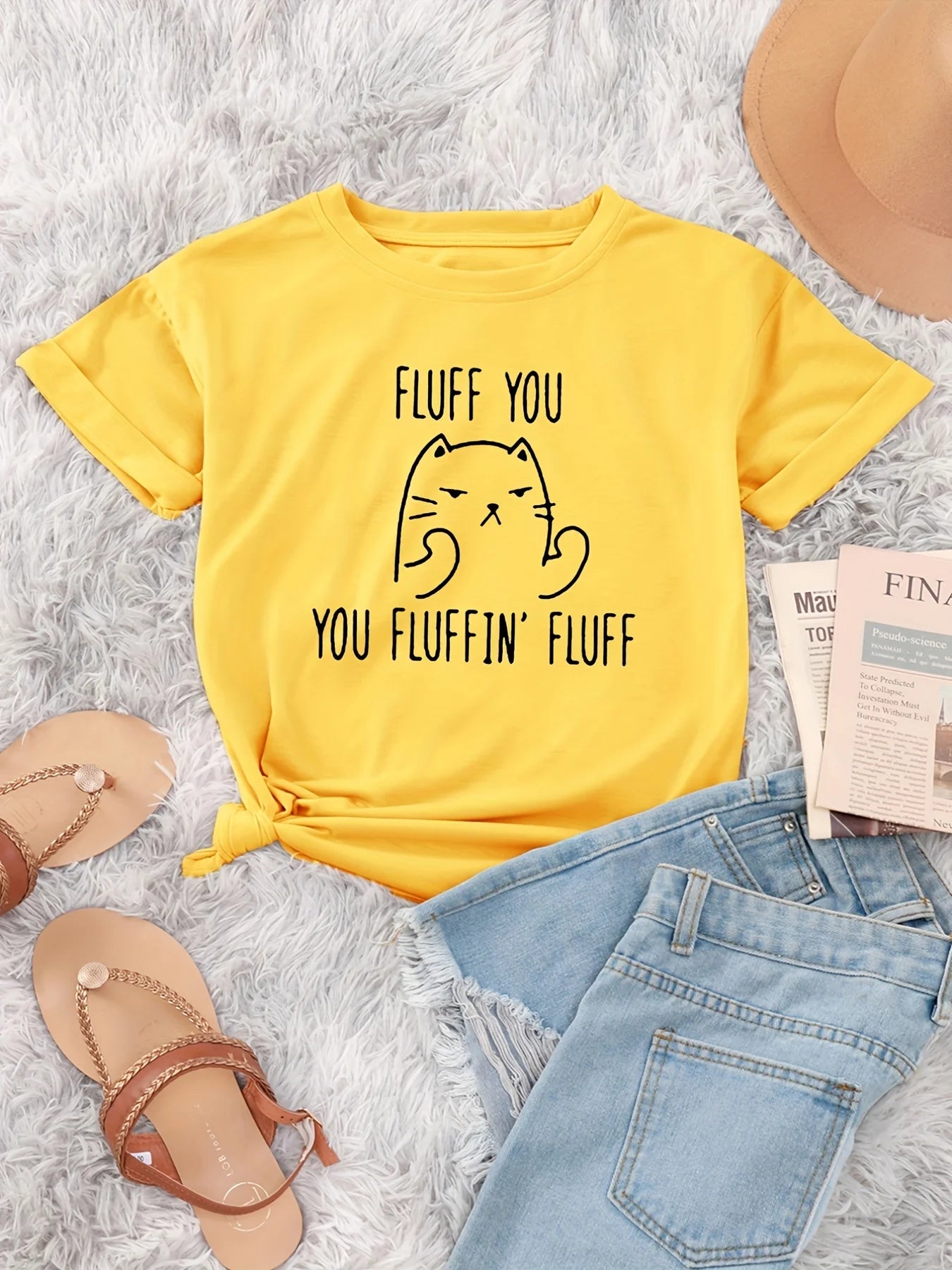 Cat Print Crew Neck T-Shirt, Casual Short Sleeve T-Shirt For Spring & Summer, Women's Clothing