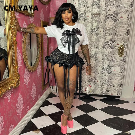 Bow O-Neck short sleeve Tops and lace Shorts Suits Streetwear m 2025