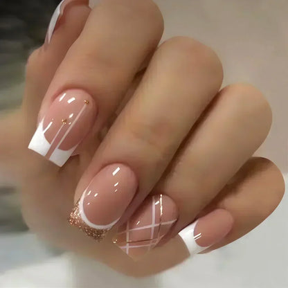 24Pcs Short Square French False Nails with Flower Shiny White Edge Design Pink Glitter Fake Nails Full Cover Press on Nails Tips