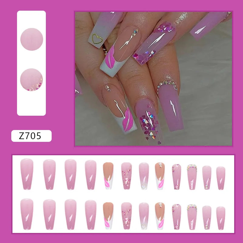 24pcs Artifical Fake Nails Long Coffin French Ballerina Wearable False Nail Tips Finished Rhinstones Flower Design Press on Nail