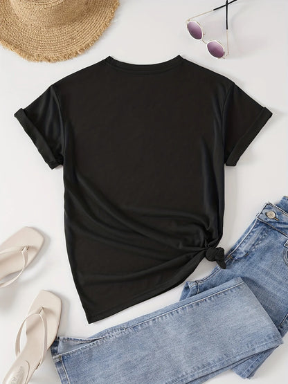 Cat Print Crew Neck T-Shirt, Casual Short Sleeve T-Shirt For Spring & Summer, Women's Clothing