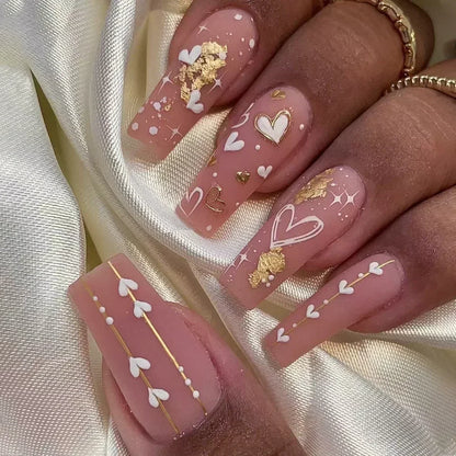 24Pcs Red Heart False Nails Long Luxury with French Design Rhinestone Wearable Fake Nail Simple Decoration Press on Nail Tips