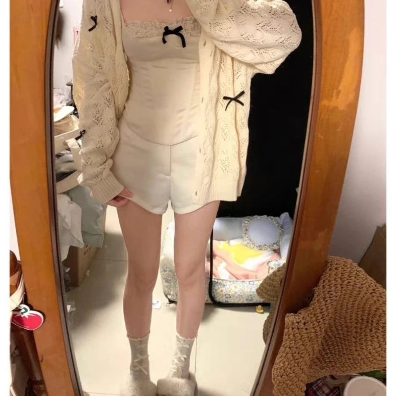 Coquette Cardigan Sweater Woman Kawaii Bow Hollow Knitted Tops
