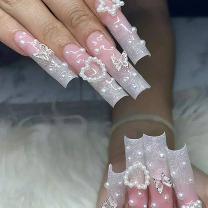 24Pcs Long Ballerina False Nails Press on Nails Serpentine Flower with Rhinestones French Fake Nails Wearable White Nail Tips