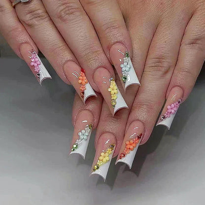 24Pcs Long Ballet French False Nails Pink Butterfly Flower with Rhinestones Wearable Fake Nails Gradient Press on Nail Tips Art