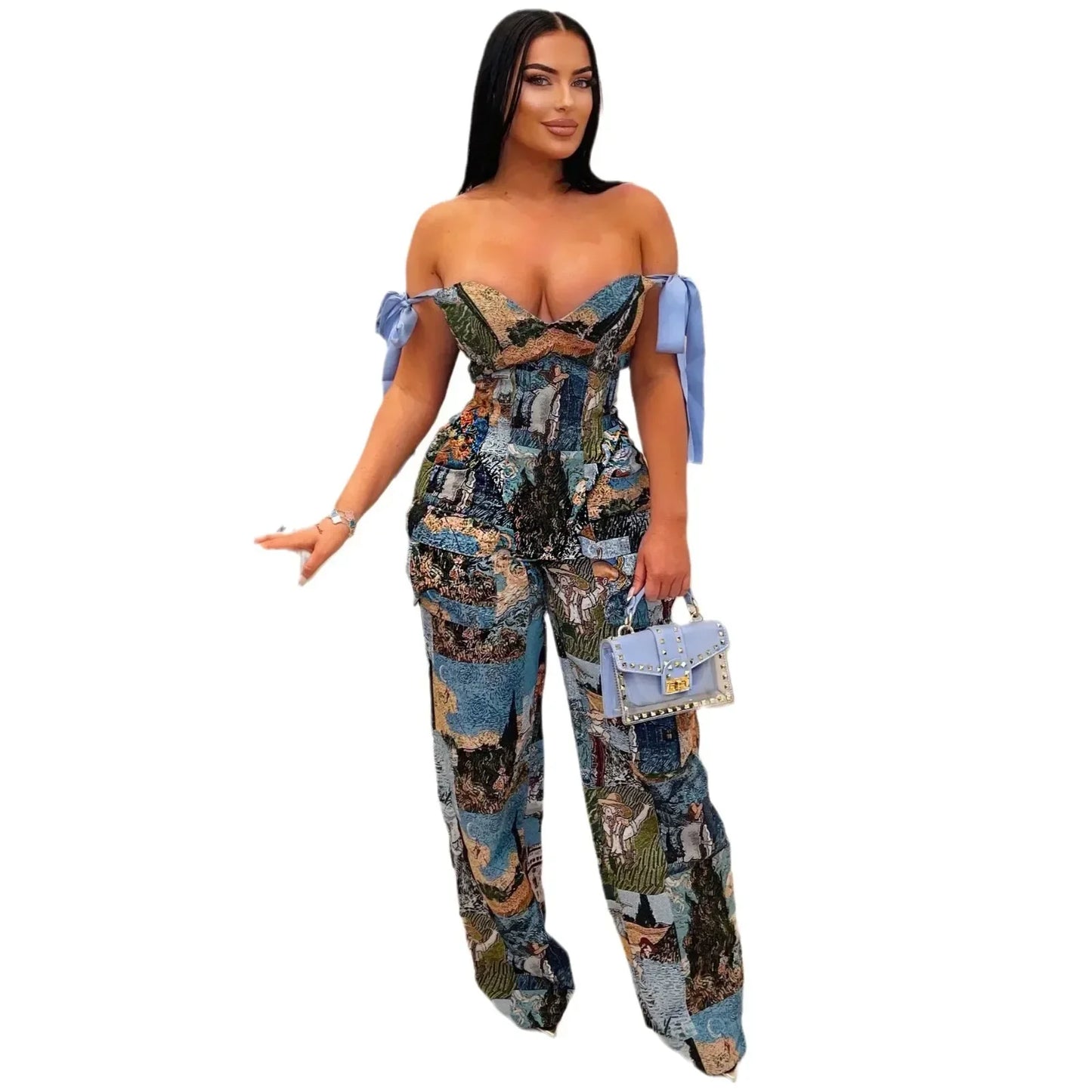Oil Painting Printed Women's Set Lace Up Back Crop Top and Pants Suit