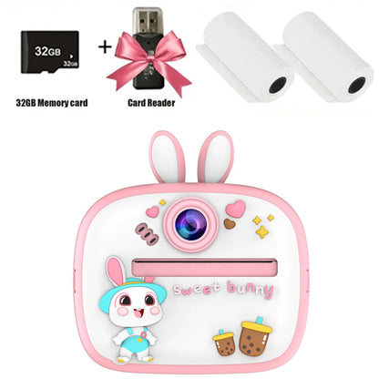 Children Digital Camera Instant Print for Kids Thermal Print Rabbit Camera Instant Photo Printing Camera Video Toys+32G Memory