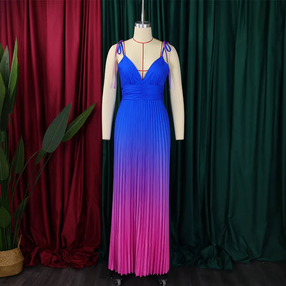 Gradient Color Tie Up Stap Sleeveless Pleated Backless Maxi Dress