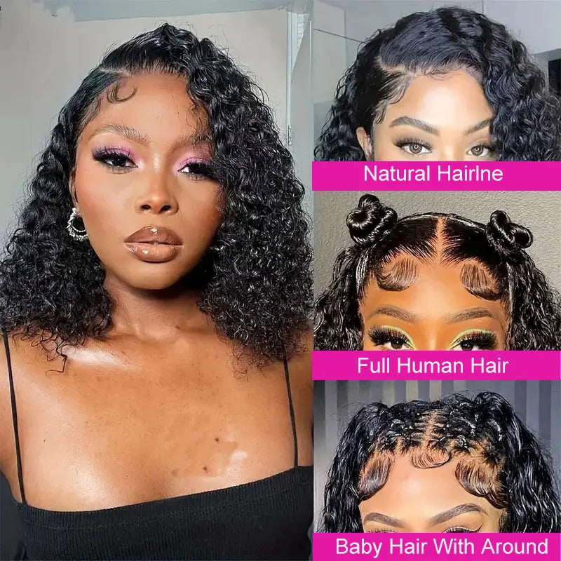 100% Brazilian Human Hair Wigs Deep Curly Bob Wig Natural Black Color Deep Wave HD Lace Front 13x4 Transparent Lace Wigs