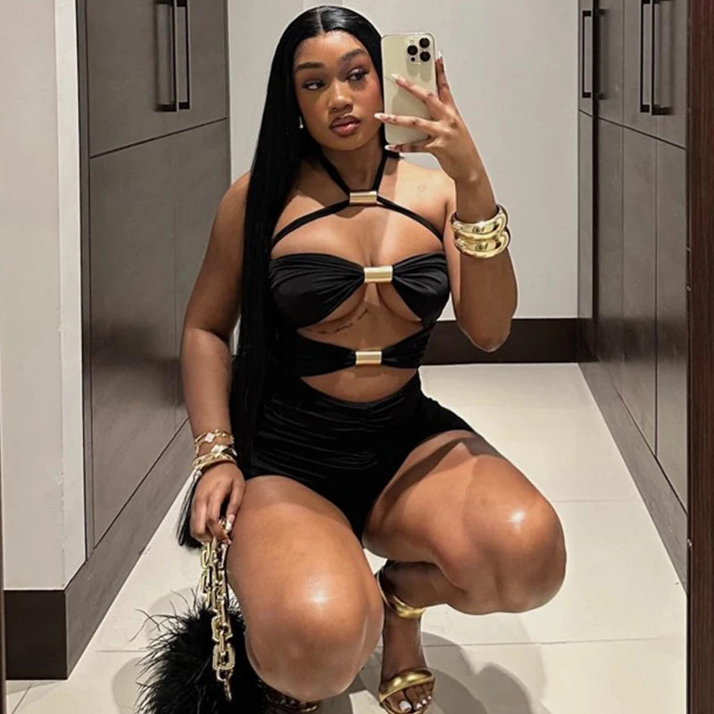 Sexy Hollow Out Women Playsuits Fashion Metal Rings Backless Skinny Rompers