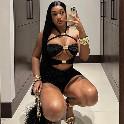 Sexy Hollow Out Women Playsuits Fashion Metal Rings Backless Skinny Rompers