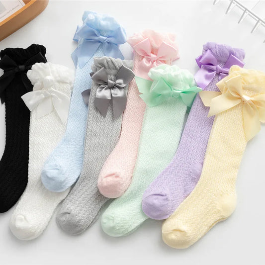 1 Pairs For Baby Girls Socks Summer Kids Knee High Long Sock Children Bow Tie Out Cotton Mesh Socks Infant Thin Soft Solid Socks