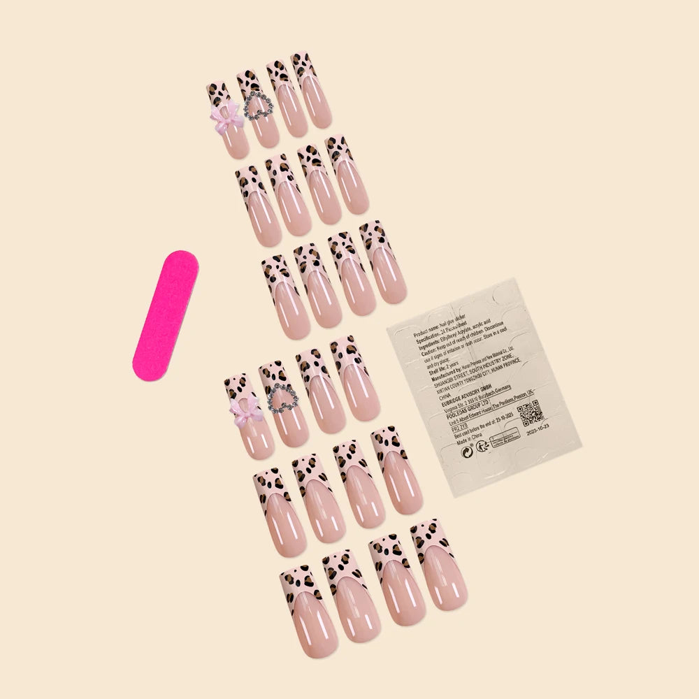 Luxury Ladies 24Pcs/Set Super Long Square French Leopard Print Pink Bow Heart Decoration Wearable Fake Nail  Press on Nail Art