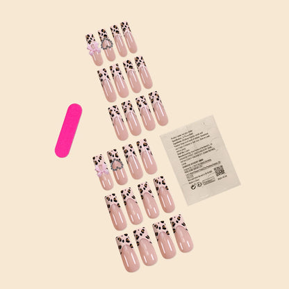 Luxury Ladies 24Pcs/Set Super Long Square French Leopard Print Pink Bow Heart Decoration Wearable Fake Nail  Press on Nail Art
