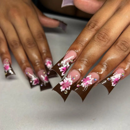 24pcs Duckbill Shaped Fake Nails Gold Butterfly Rhinestone Design False Nail Tips Wearable Full Cover French Press on Nails