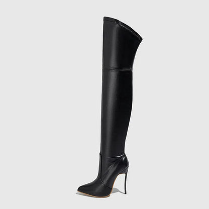 Sexy PU Leather Women Over-the-Knee Boots Fashion Pointed Toe Long Booties Thin High Heels Stripper