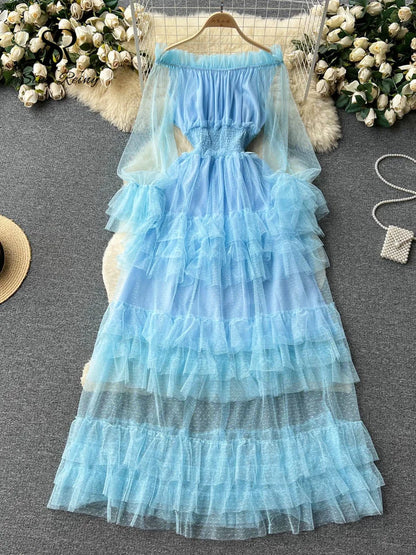 Off the Shoulder Tierred Elastic Sundress Polka Dot Lace Maxi Dress