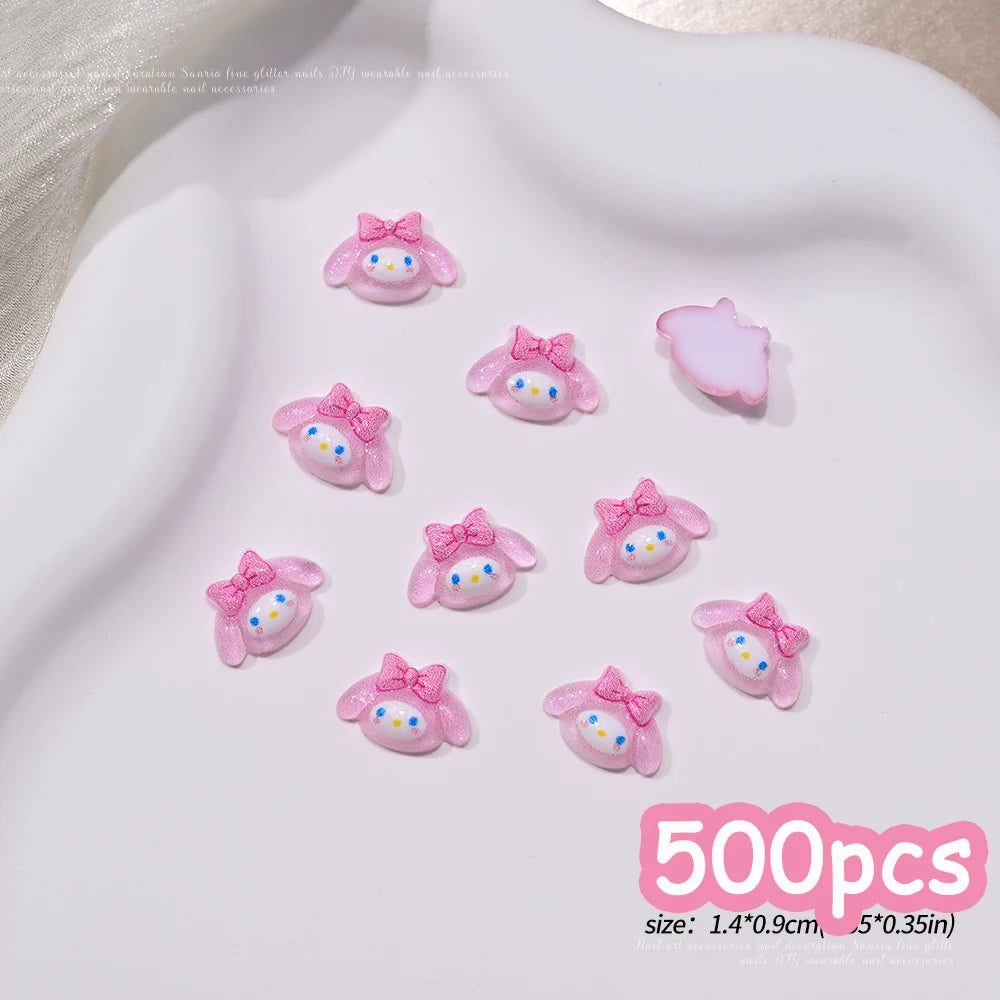 500pcs Cute Sanrio Nail Art Charms 3D Pink Bow Hello Kitty Cinnamoroll Nail Decoration
