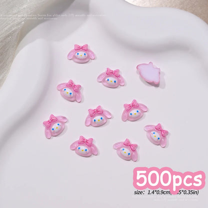 500pcs Cute Sanrio Nail Art Charms 3D Pink Bow Hello Kitty Cinnamoroll Nail Decoration