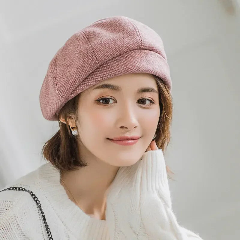 Simple Women Wool Beret for Elegant Lady Winter Female Cotton Hats Plaid Vintage Octagonal Casual Autumn Cap