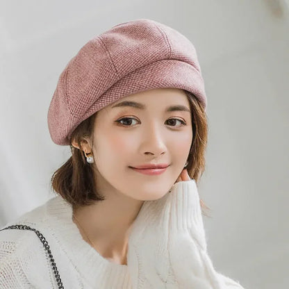 Simple Women Wool Beret for Elegant Lady Winter Female Cotton Hats Plaid Vintage Octagonal Casual Autumn Cap